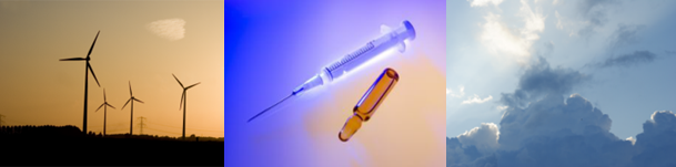 Triple image of energy production, medicine and climate